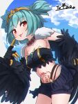  1girl :p absurdres bangs black_shorts black_wings blue_hair blue_sky character_name cloud collarbone commission cowboy_shot feathered_wings feathers fur hand_on_hip harpy highres indie_virtual_youtuber kuro_kosyou leaning_forward lincoro looking_at_viewer monster_girl navel pubic_tattoo short_hair shorts signature skeb_commission sky solo tattoo tongue tongue_out wings 
