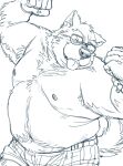  2022 anthro belly big_belly bottomwear canid canine canis clothing domestic_dog eyewear glasses hi_res humanoid_hands huynhduyad14 kemono male mammal moobs navel nipples one_eye_closed overweight overweight_male shorts simple_background solo tongue tongue_out wink 