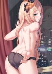  1girl abigail_williams_(fate) ass back bangs black_bow black_panties blonde_hair blue_eyes blush bow breasts fate/grand_order fate_(series) forehead hair_bow highres licking_lips long_hair looking_at_viewer multiple_bows orange_bow panties parted_bangs polka_dot polka_dot_bow shimokirin small_breasts smile solo tongue tongue_out topless underwear 