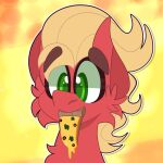  blonde_hair earth_pony equid equine eyebrows food_in_mouth fur hair hasbro hi_res horse male mammal mlp_g5 my_little_pony my_little_pony:_a_new_generation pizza_slice pony red_body red_fur saveraedae slice_of_pizza sprout_cloverleaf_(mlp) thick_eyebrows 