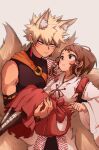  1boy 1girl animal_ears bakugou_katsuki blonde_hair blush boku_no_hero_academia brown_eyes brown_hair carrying carrying_person earrings echo1069479 facial_mark fingernails fox_boy fox_ears fox_tail grey_background hetero highres jewelry looking_at_another multiple_tails red_eyes sharp_fingernails short_hair sidelocks spiked_hair tail tassel tassel_earrings uraraka_ochako 