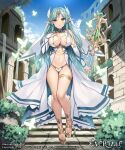  1girl bare_shoulders bird blue_butterfly blue_hair blue_sky blush breasts bug butterfly butterfly_hair_ornament cleavage cloud copyright_name day evertale full_body hair_ornament hand_on_own_chest high_heels holding jewelry large_breasts long_hair looking_at_viewer navel open_mouth outdoors pointy_ears sky smile solo staff thighs tree underwear watermark xe_(execut3r) yellow_eyes 