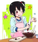  1girl ;q absurdres apron black_hair blood blush bowl chocolate cooking cutting cutting_board eyebrows_visible_through_hair green_background hair_bobbles hair_ornament highres jiyu2 kitchen_knife knife long_sleeves one_eye_closed original red_eyes shirt side_ponytail sleeves_pushed_up solo source_request spoon star_(symbol) striped striped_shirt tongue tongue_out valentine wrist_cutting 
