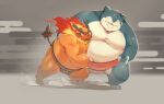  2022 absurd_res anthro asian_clothing belly big_belly clothing duo east_asian_clothing emboar eyes_closed hi_res japanese_clothing male mawashi moobs nintendo obese obese_male orange_body overweight overweight_male pok&eacute;mon pok&eacute;mon_(species) riisago snorlax sumo video_games 