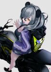  1girl :d alternate_costume animal_ears arknights backpack bag bare_legs bear_ears black_footwear black_hair black_shirt breasts cleavage eyewear_on_head feater_(arknights) full_body ground_vehicle highres jacket large_breasts long_hair long_sleeves looking_to_the_side motor_vehicle motorcycle multicolored_hair open_clothes open_jacket open_mouth orange_eyes purple_jacket razu_(rus) shirt shoes silver_hair simple_background smile sneakers solo standing twintails two-tone_hair waving white_background 