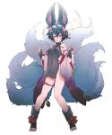  1girl animal_ears arm_strap backless_outfit black_hair claw_pose covered_navel detached_sleeves erune eyebrows_visible_through_hair flower fox_ears fox_girl fox_tail granblue_fantasy hair_between_eyes hair_flower hair_ornament highres koza_game large_tail looking_at_viewer multiple_tails red_eyes sideless_outfit solo tail thigh_strap white_background you_(granblue_fantasy) 