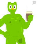  2022 animal_humanoid anthro avian avian_humanoid balls beverage bird bird_humanoid coffee coffee_cup container cup digital_drawing_(artwork) digital_media_(artwork) duo_(duolingo) duolingo erection fur genitals hi_res holding_object humanoid hybrid lineless looking_at_viewer male mascot mature_male nipples nude penis signature solo 