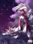  claws closed_eyes closed_mouth colored_sclera commentary_request drooling falling_petals from_side furry highres ivan_(ffxazq) lycanroc lycanroc_(midday) lycanroc_(midnight) lying mouth_drool night on_stomach outdoors petals pink_eyes pink_sclera pokemon pokemon_(creature) sky sleeping standing star_(sky) white_fur 