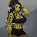  abs absurd_res bodily_fluids breasts cleavage clothed clothing ezzyecchi female green_body green_skin hi_res humanoid muscular muscular_female not_furry orc short solo sweat tattoo 