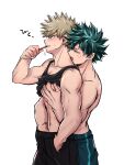  2boys annoyed bakugou_katsuki black_legwear black_tank_top blonde_hair boku_no_hero_academia brushing_teeth chiyaya clothes_lift freckles green_hair green_legwear groping hand_in_pants hand_in_pocket highres holding holding_toothbrush kiss kissing_neck male_focus midoriya_izuku multiple_boys nipples open_mouth profile scar scar_on_arm shirt_lift simple_background spiked_hair sweatdrop tank_top toothbrush topless_male white_background yaoi yellow_eyes 