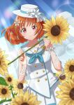  1girl absurdres arm_ribbon cloud day flower hair_flower hair_ornament hat hat_flower highres looking_at_viewer love_live! love_live!_school_idol_festival_all_stars orange_hair outdoors red_eyes ribbon shirt short_hair skirt sleeveless sleeveless_shirt smile solo standing sunflower sunlight taiyakippassion takami_chika white_headwear white_ribbon white_skirt 