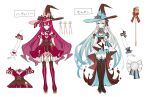  2girls bangs bare_shoulders black_bow blue_eyes blush bow braid breasts character_sheet cleavage dress earrings eyebrows_visible_through_hair fairy_knight_tristan_(fate) fairy_knight_tristan_(valentine_witches)_(fate) fate/grand_order fate_(series) french_braid full_body grey_eyes grey_hair hair_bow hanagata hat highres jewelry large_breasts long_hair looking_at_viewer morgan_le_fay_(fate) morgan_le_fay_(valentine_witches)_(fate) multiple_girls pink_hair pointy_ears ponytail sidelocks smile tiara very_long_hair witch_hat 
