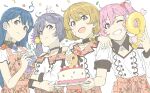  4girls ahoge akebono_(kancolle) animal_on_head anniversary bandaid bell black_hair brown_eyes brown_hair bunny bunny_on_head cake confetti floral_print flower food grin hair_bell hair_bobbles hair_flower hair_ornament hayasaka_kozue jingle_bell kantai_collection long_hair looking_at_viewer multiple_girls ninimo_nimo oboro_(kancolle) official_alternate_costume on_head pink_eyes pink_hair purple_eyes purple_hair sazanami_(kancolle) shirt short_hair side_ponytail simple_background smile twintails upper_body ushio_(kancolle) very_long_hair white_background white_shirt 