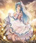  1girl anklet ass bare_shoulders barefoot blue_hair blush breasts bridal_gauntlets detached_sleeves dress evertale eyebrows_visible_through_hair feet full_body jewelry large_breasts long_hair looking_at_viewer looking_back open_mouth panties pointy_ears see-through skirt_hold smile soles solo thighs underwear veil white_dress xe_(execut3r) yellow_eyes 