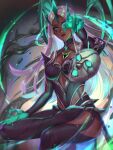  1girl bangs breasts cleavage collarbone colored_skin dark-skinned_female dark_skin floating floating_object gem gradient gradient_background green_eyes green_skin grey_hair hand_up highres karma_(league_of_legends) large_breasts league_of_legends long_hair magic mask nyaamen_fork official_alternate_costume ruined_karma shiny shiny_hair solo 