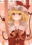  1girl blonde_hair bow breasts closed_mouth collarbone commentary_request crystal flandre_scarlet frilled_shirt_collar frills hand_on_headwear hat hat_bow laspberry. mob_cap orange_bow orange_ribbon puffy_short_sleeves puffy_sleeves red_bow red_eyes red_vest ribbon shirt short_hair short_sleeves small_breasts touhou vest white_headwear white_shirt wings wristband 