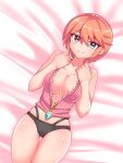  1girl black_panties blanket blue_eyes breasts cleavage closed_mouth cougar_(cougar1404) large_breasts looking_at_viewer lying on_back orange_hair original panties short_hair smile solo underwear unzipped zipper_pull_tab 