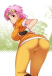  1girl ass blush breasts brown_eyes cameltoe closed_mouth dragon_quest dragon_quest_dai_no_daibouken dress fingerless_gloves gabayo gloves goggles goggles_on_head large_breasts looking_at_viewer maam pantyhose pink_hair short_hair skirt solo 