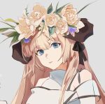  1girl 90_(37032) arknights bangs bare_shoulders black_ribbon blonde_hair blue_eyes eyebrows_visible_through_hair flower hair_flower hair_ornament hair_ribbon highres horns long_hair looking_at_viewer nightingale_(arknights) parted_lips ribbon rose simple_background smile solo upper_body very_long_hair white_background yellow_flower yellow_rose 