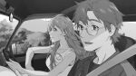  1boy 1girl aida_kensuke bangs bare_shoulders beard car car_interior driving evangelion:_3.0+1.0_thrice_upon_a_time facial_hair glasses ground_vehicle hair_between_eyes long_hair motor_vehicle mountain neon_genesis_evangelion older outdoors rebuild_of_evangelion smile souryuu_asuka_langley talking tree window 