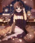  1girl :o absurdres bed_sheet blanket blurry blush bokeh brown_hair cardigan cushion dayoon_(htrc7254) depth_of_field eyebrows_visible_through_hair highres idolmaster idolmaster_cinderella_girls indoors long_hair messy_hair night night_sky pajamas pink_pajamas seeu shimamura_uzuki sitting sky solo star_(sky) stuffed_toy sweat very_long_hair vocaloid yellow_cardigan yokozuwari 