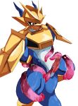  anthro armor bandai_namco blue_body blush bottomless byshz2000 cloacal_penis clothed clothing digimon digimon_(species) erection genitals gold_(metal) gold_armor hi_res magnamon male muscular penis red_eyes tentacles 