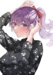  1girl adjusting_hair_ornament alternate_eye_color alternate_hairstyle arm_up black_shirt blue_eyes blurry blush depth_of_field fate/stay_night fate_(series) hair_between_eyes hair_ribbon hand_on_own_head high_ponytail highres long_hair looking_at_viewer matou_sakura parted_lips patterned_clothing ponytail purple_hair red_ribbon ribbon shimatori_(sanyyyy) shirt simple_background solo upper_body white_background 