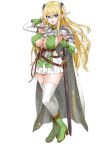  1girl armor asanagi bangs blonde_hair blue_eyes boots breasts cape cleavage_cutout clothing_cutout covered_nipples cross-laced_footwear earrings elf elf_village eyebrows_visible_through_hair eyes_visible_through_hair fold-over_boots gloves green_footwear green_gloves hair_between_eyes highres holding holding_sword holding_weapon jewelry knee_boots lace-up_boots large_breasts long_hair looking_at_viewer official_art open_mouth pauldrons pleated_skirt pointy_ears sheath sheathed shoulder_armor simple_background skirt solo standing sword sylvia_(elf_village) teeth thighhighs transparent_background twintails very_long_hair weapon white_legwear white_skirt 