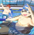  anthro canid canine canis clothing domestic_dog duo hair hi_res human lifewonders male mammal martuguma moritaka nipples overweight poolside red_hair ryouta_yakushimaru scar swimming swimming_cap swimwear tokyo_afterschool_summoners video_games 