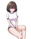  1girl bang_dream! bangs between_legs black_hair blue_buruma blush breasts buruma commentary_request eyebrows_visible_through_hair feet_out_of_frame gym_uniform hair_between_eyes hand_between_legs highres invisible_chair knee_up korean_commentary looking_at_viewer medium_breasts mitake_ran multicolored_hair parted_lips pink_eyes ptal red_hair shirt short_hair short_sleeves simple_background sitting solo streaked_hair two-tone_hair v_arms white_background white_shirt 