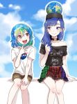  2girls arm_support bangs black_shirt blue_eyes blue_hair breasts brown_eyes brown_shorts cleavage closed_mouth clothes_writing cloud cloudy_sky collar collarbone day earth-chan earth_(ornament) earth_hair english_text eyebrows_visible_through_hair eyelashes flat_chest frilled_skirt frills green_hair happy hecatia_lapislazuli_(earth) highres himuhino mask mask_pull medium_hair midriff miniskirt mouth_mask multicolored_hair multiple_girls nasa_logo navel off-shoulder_shirt off_shoulder open_mouth original outdoors personification plaid plaid_skirt planet polos_crown shirt short_hair short_sleeves shorts sitting skirt sky small_breasts smile surgical_mask t-shirt teeth touhou two-tone_hair upper_teeth white_shirt 