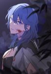  1girl bangs black_coat blood blue_eyes blue_hair breasts bustier byleth_(fire_emblem) byleth_(fire_emblem)_(female) cape closed_mouth coat fire_emblem fire_emblem:_three_houses fire_emblem_warriors fire_emblem_warriors:_three_hopes highres large_breasts long_hair looking_at_viewer medium_hair night simple_background solo toho10min 
