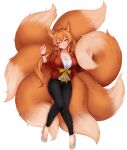  1girl absurdres animal_ears black_pants breasts brown_eyes brown_hair cleavage closed_mouth commentary commission dated english_commentary fox_ears fox_tail grey_footwear hair_between_eyes hair_ornament hair_stick hands_up head_tilt highres jacket large_breasts looking_at_viewer multiple_tails original pants ponytail red_jacket sash shoes signature smile solo tail temachii wristband yellow_sash 
