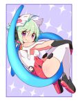  1girl ahoge ass azure_striker_gunvolt breasts closed_mouth cougar_(cougar1404) elbow_gloves full_body gloves green_hair headgear leotard looking_at_viewer looking_back purple_eyes roro_(gunvolt) short_hair smile solo thighhighs white_legwear 