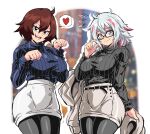  2girls black-framed_eyewear black_eyes black_legwear black_sweater blue_sweater blush boku_no_hero_academia breasts brown_hair closed_mouth flying_sweatdrops glasses heart highres large_breasts lewdamone long_sleeves mandalay_(boku_no_hero_academia) multicolored_hair multiple_girls open_mouth pantyhose pink_hair rectangular_eyewear ribbed_sweater semi-rimless_eyewear silver_hair smile speech_bubble spoken_heart sweater todoroki_fuyumi turtleneck turtleneck_sweater under-rim_eyewear 