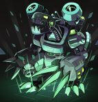  claws digimon digimon_(creature) fangs full_body glowing glowing_eyes gradient gradient_background green_background highres mugendramon no_humans open_mouth robot sharp_teeth skull solo standing taoru_(towtowru) teeth yellow_eyes 