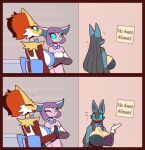  amputee angry anthro anubian_jackal big_breasts bow_tie breasts canid canine canis clothed clothing cybernetic_arm cybernetic_limb cybernetics delphox delphox_waitress disability double_amputee ear_piercing eeveelution english_text espeon espeon_matchmaker_(r-mk) female fox huge_breasts humor inside jackal lucario lucario_dealer machine mammal nintendo piercing pok&eacute;mon pok&eacute;mon_(species) r-mk skimpy text video_games 