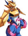  anthro armor bandai_namco blue_body blush bottomless byshz2000 clothed clothing digimon digimon_(species) gold_(metal) gold_armor hi_res magnamon male muscular red_eyes tentacle_bondage tentacles 