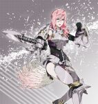  1girl aiming_at_viewer armor armored_leotard asymmetrical_hair belt feathers final_fantasy final_fantasy_xiii final_fantasy_xiii-2 greaves gunblade highres lightning_farron looking_at_viewer pink_hair pointing_weapon r3dfive serious shield solo weapon 