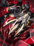  ! claws digimon digimon_(creature) energy glowing glowing_eyes highres mugendramon no_humans open_mouth red_background red_eyes robot sharp_teeth sign solo taoru_(towtowru) teeth warning_sign 