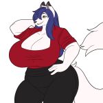  1:1 absurd_res anthro arctic_fox big_breasts blue_hair bottomwear breasts canid canine canis cleavage clothed clothing curvy_figure domestic_dog female fox fur hair hi_res huge_breasts husky hybrid lunis1992 mammal nordic_sled_dog pants smile solo spitz vanessa_fusky voluptuous white_body white_fur wide_hips yoga_pants 