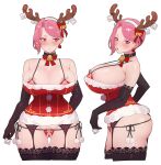  1girl 5t_(5t_000) absurdres antlers ass_visible_through_thighs bell belt_collar black_bow black_gloves black_legwear bow bowtie bra breasts christmas christmas_dress cleavage closed_mouth collar condom condom_belt condom_on_head crotchless crotchless_panties cupless_bra dress earrings elbow_gloves fake_antlers garter_belt gloves hair_bow hairband highres holding holding_condom huge_breasts jewelry looking_at_viewer microdress multiple_views neck_bell original panties parted_lips pink_hair red_bow red_bowtie red_eyes reindeer_antlers revealing_clothes short_hair side-tie_panties simple_background thigh_gap thighhighs underwear white_background 