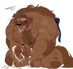  anthro balls beast_(disney) beauty_and_the_beast big_pecs bodily_fluids brown_body brown_fur cum disney fur genital_fluids genitals hi_res horn hyaku_(artist) male masturbation monster muscular muscular_anthro muscular_male nipples nude pecs penile penile_masturbation penis simple_background solo white_background 