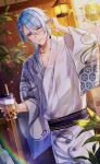  1boy absurdres asymmetrical_hair bangs blue_eyes breasts bubble_tea cup dutch_angle eyebrows_visible_through_hair genshin_impact goroo_(eneosu) highres holding holding_cup indoors japanese_clothes kamisato_ayato kimono light_blue_hair looking_at_viewer mole mole_on_breast obi parted_bangs parted_lips sash solo wide_sleeves 