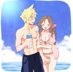  1boy 1girl abs aerith_gainsborough bangs bikini blonde_hair blue_eyes blush bottle braid braided_ponytail breasts cleavage closed_eyes cloud cloud_strife cloudy_sky final_fantasy final_fantasy_vii hair_ribbon holding holding_another&#039;s_arm holding_bottle jacket jewelry krudears male_swimwear medium_breasts necklace ocean open_mouth parted_bangs pectorals pink_bikini pink_jacket pocari_sweat polka_dot polka_dot_bikini ribbon short_sleeves sidelocks sky spiked_hair sweat swim_trunks swimsuit topless_male 