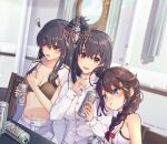  3girls ahoge alternate_costume beer_can black_bra black_hair blue_eyes bra braid breasts brown_hair can drunk epaulettes fusou_(kancolle) hair_flaps hair_ornament hair_over_shoulder heart highres himeyamato holding holding_can kantai_collection long_hair long_sleeves medium_breasts multiple_girls navel open_clothes open_shirt red_eyes shigure_(kancolle) shigure_kai_ni_(kancolle) shirt short_hair single_braid squiggle underwear white_bra white_shirt yamashiro_(kancolle) yukikaze_(kancolle) 