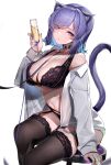  1girl animal_ear_fluff animal_ears bangs black_bra black_collar black_panties blue_hair bra breasts brown_legwear cat_ears cat_girl cat_tail cleavage collar colored_inner_hair cup drinking_glass garter_belt highres holding holding_cup hololive lamium_(artist) large_breasts long_sleeves looking_at_viewer midriff multicolored_hair nail_polish navel nekomata_okayu off_shoulder panties parted_lips purple_eyes purple_hair purple_nails shirt simple_background sitting solo stomach tail tail_raised thighhighs underwear virtual_youtuber white_background white_shirt 
