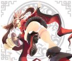  1girl ass bana_(stand_flower) bare_shoulders breasts brown_eyes brown_hair china_dress chinese_clothes detached_sleeves dress dumpling fighting_stance food from_below guilty_gear guilty_gear_xrd high_heels highres kuradoberi_jam large_breasts leg_up martial_arts panties red_footwear skirt solo thighs tray underwear upskirt white_panties wide_sleeves 