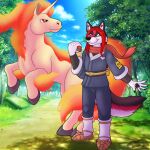  absurd_res ambiguous_gender anthro black_body black_fur canid canine canis clothed clothing day domestic_dog duo equid equine feral forest fur hi_res husky mammal nintendo nordic_sled_dog outside plant pok&eacute;mon pok&eacute;mon_(species) rapidash spitz thatblackfox_(artist) tree video_games 