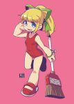  1girl :d arm_behind_head bare_arms bare_shoulders blonde_hair blue_eyes blush breasts broom collarbone commentary_request full_body green_ribbon hair_ribbon hand_up holding holding_broom looking_at_viewer mawaru_(mawaru) mega_man_(classic) mega_man_(series) old_school_swimsuit one-piece_swimsuit pink_background ponytail red_footwear red_swimsuit ribbon roll_(mega_man) school_swimsuit shoes simple_background small_breasts smile solo standing standing_on_one_leg swimsuit 